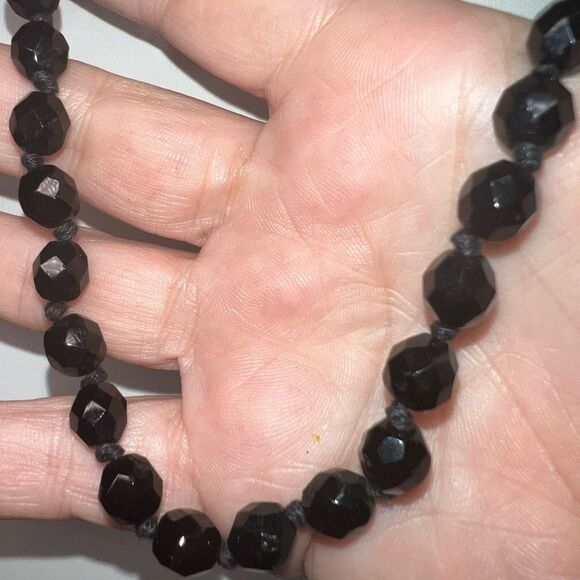 Vintage Hand Strung Black Glass Faceted Bead Necklace with Barrel Fastener - Picture 3 of 6